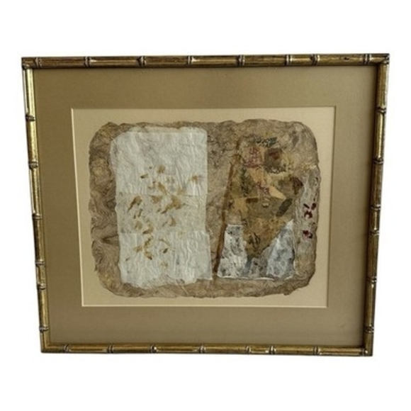 Original Mixed Media Abstract Art Collage Painting Multicolor Bamboo Frame Art